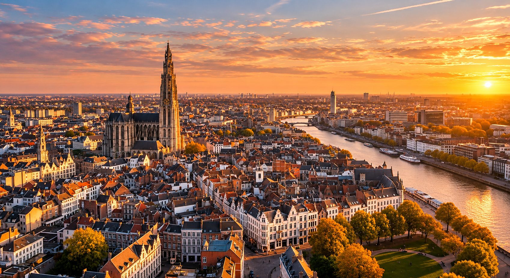 Sfeerbeeld van Antwerpen bij zonsondergang (digitale illustratie)