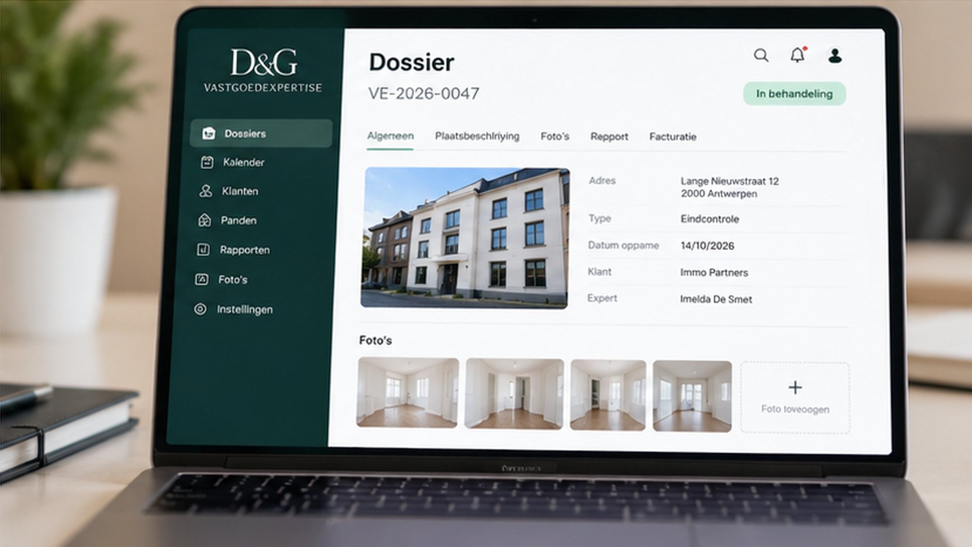 Voorbeeldweergave van het digitale platform van D&G Vastgoedexpertise, in ontwikkeling